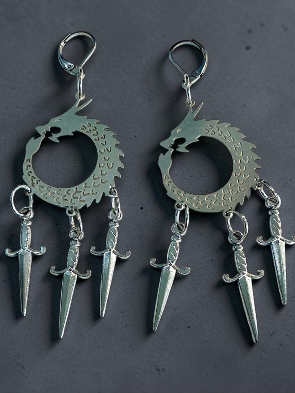 🆕 Dragon with Daggers Laser Etched Dangle Earrings